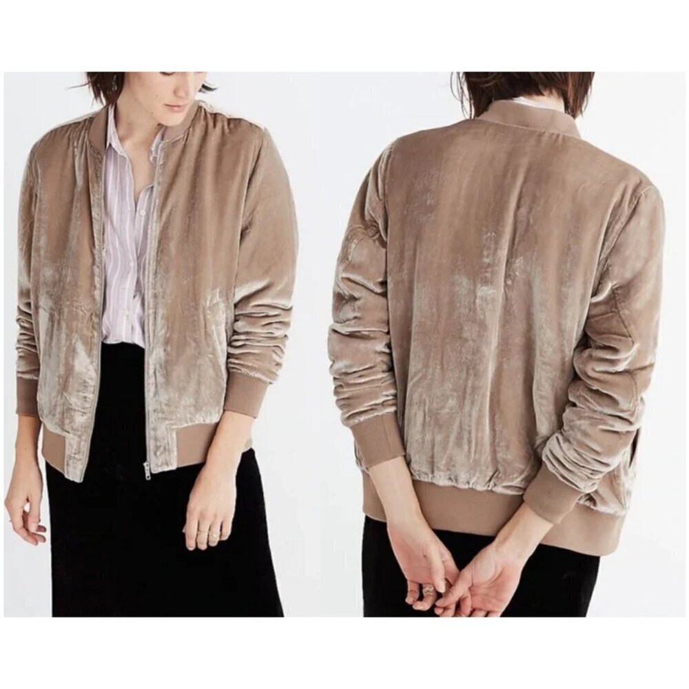 Madewell Tan Velvet Silk Blend Full Zip Bomber Jacket - 35565